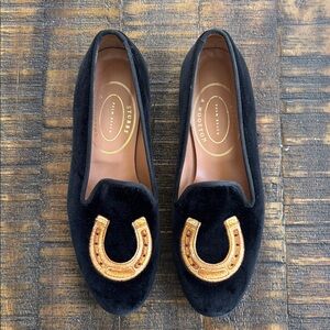 Stubbs & Wootton Black Velvet Loafers with Gold Horseshoe